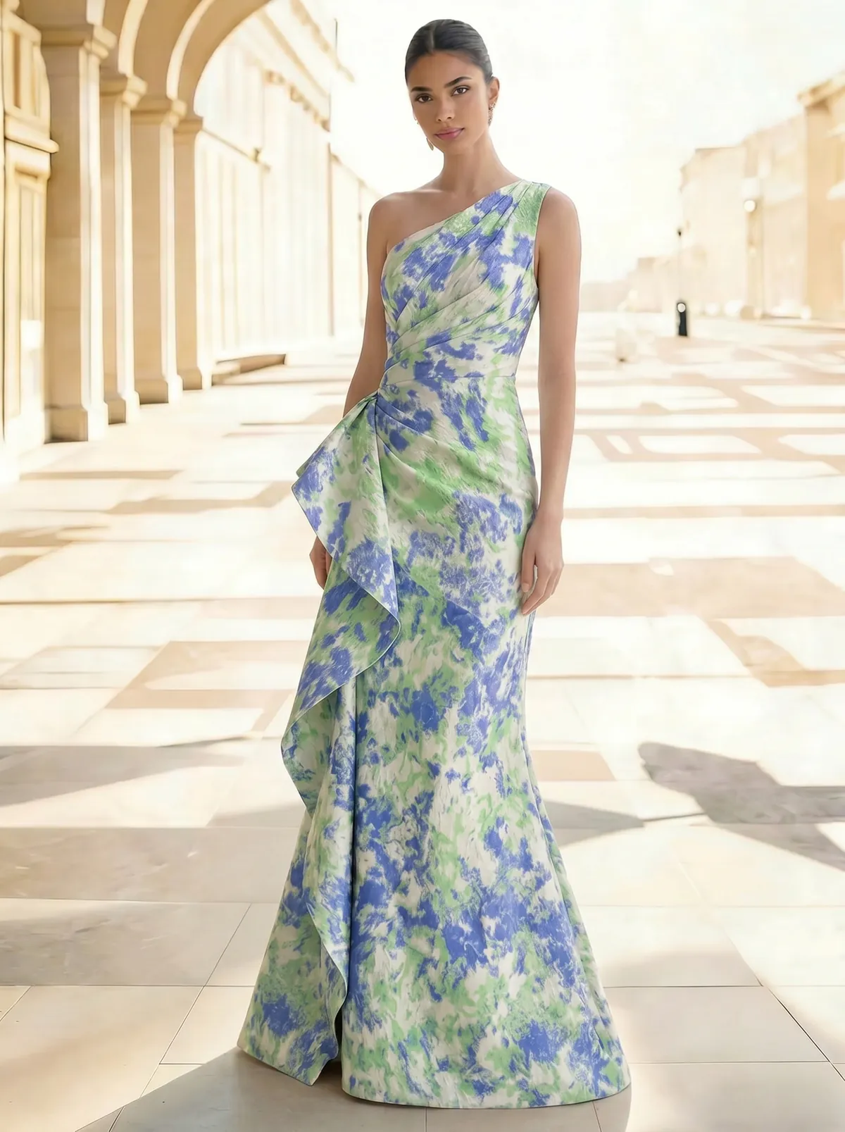 Sheath/Column Evening Gown Elegant Jacquard Floral Dress Prom Floor Length Sleeveless One Shoulder Ruffle with Slid Split Green Wedding Guest Dress