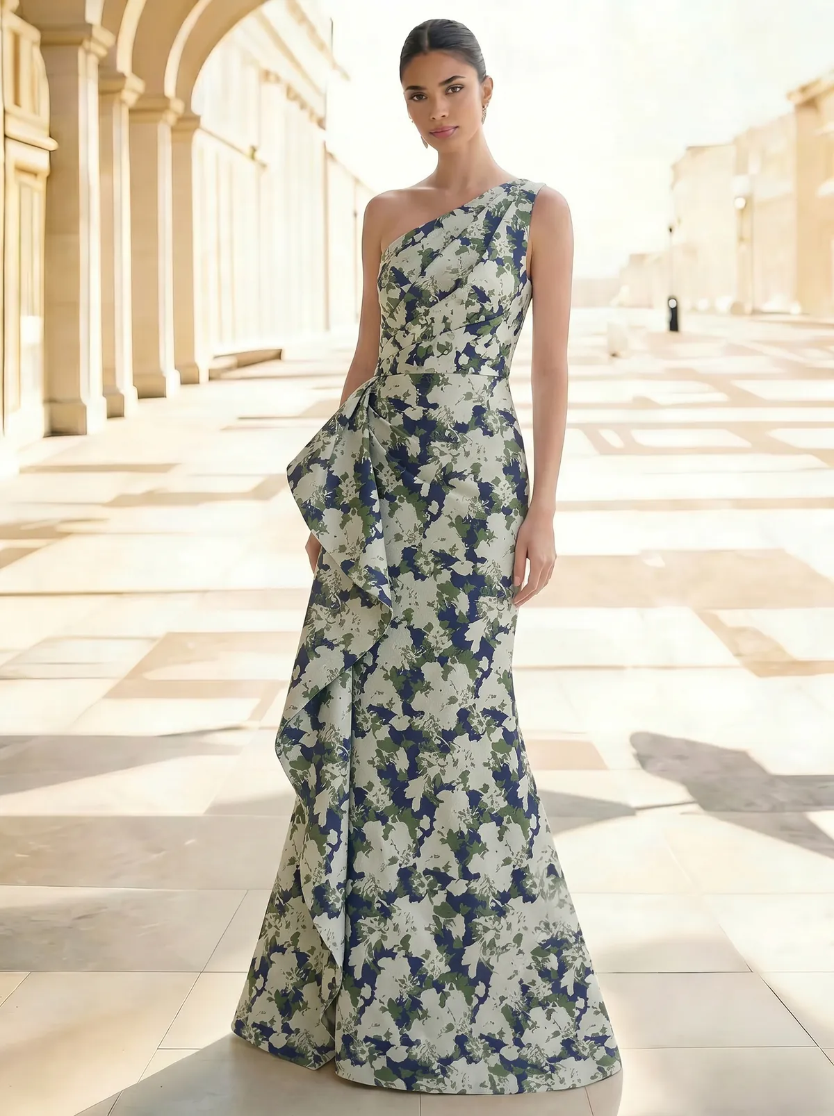 Sheath/Column Evening Gown Elegant Jacquard Floral Dress Prom Floor Length Sleeveless One Shoulder Ruffle with Slid Split Green Wedding Guest Dress