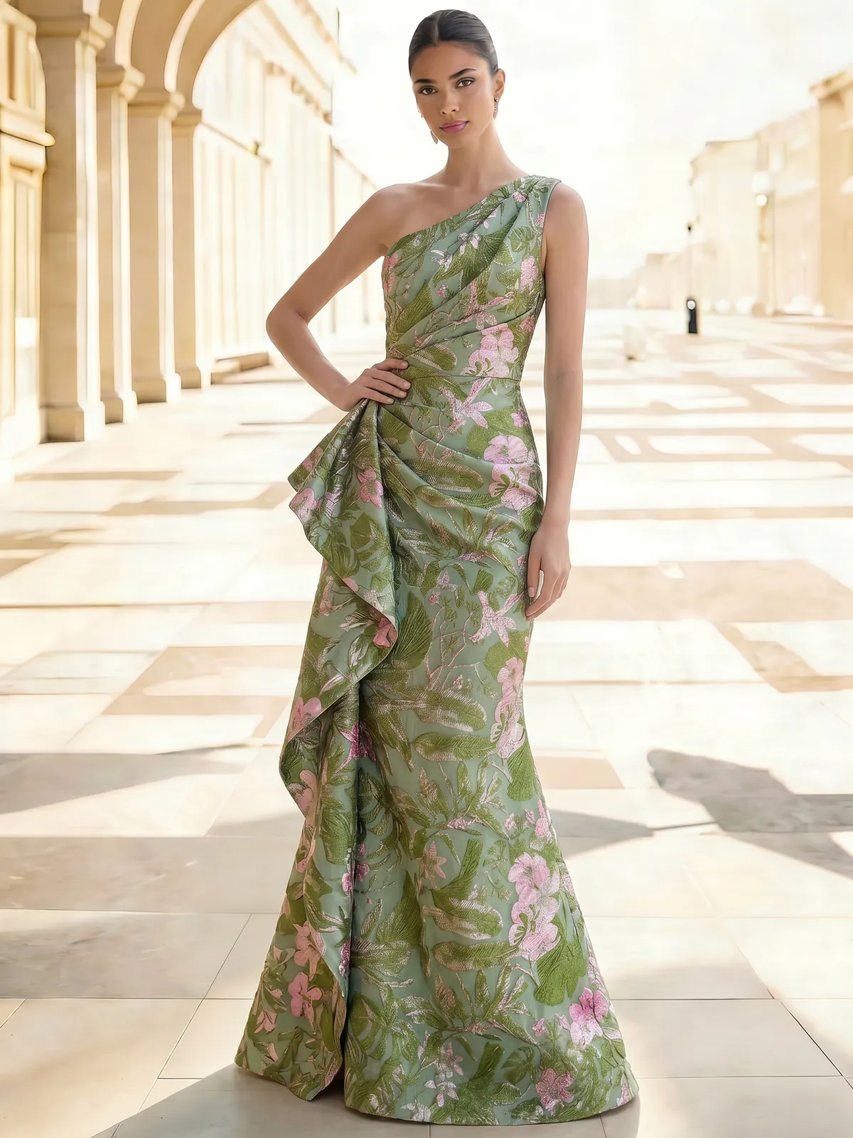 Sheath/Column Evening Gown Elegant Jacquard Floral Dress Prom Floor Length Sleeveless One Shoulder Ruffle with Slid Split Green Wedding Guest Dress