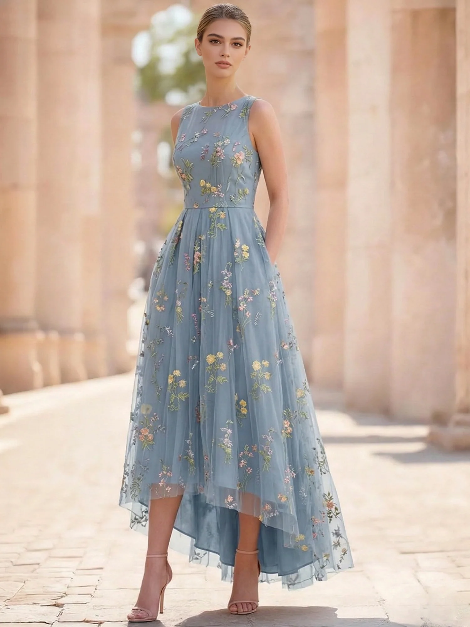 A-Line/Princess Floral Cocktail Dresses Sleeveless Tulle Formal Ankle Length Dresses Pocket with Floral Emboridary Pocket