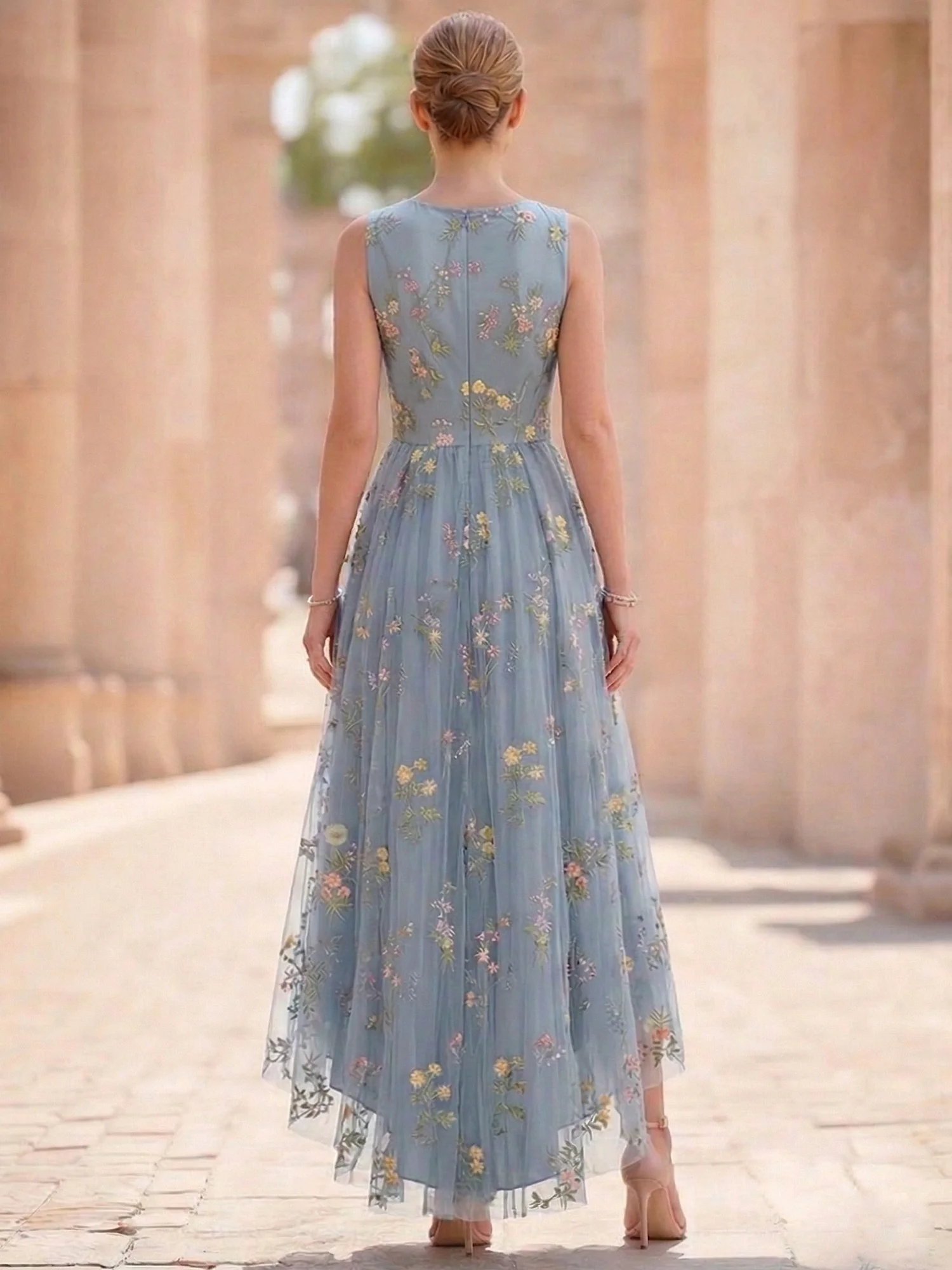 A-Line/Princess Floral Cocktail Dresses Sleeveless Tulle Formal Ankle Length Dresses Pocket with Floral Emboridary Pocket