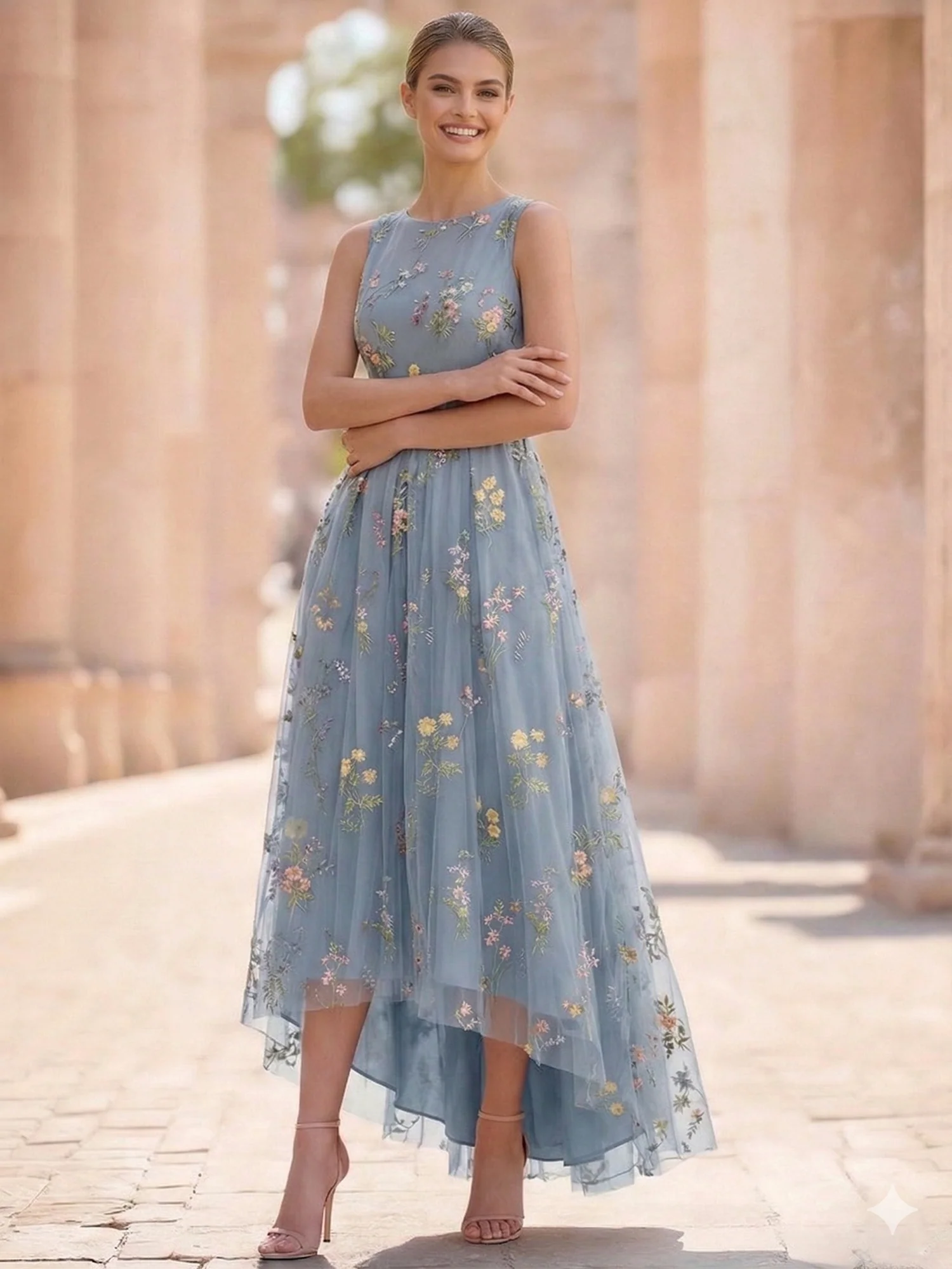 A-Line/Princess Floral Cocktail Dresses Sleeveless Tulle Formal Ankle Length Dresses Pocket with Floral Emboridary Pocket