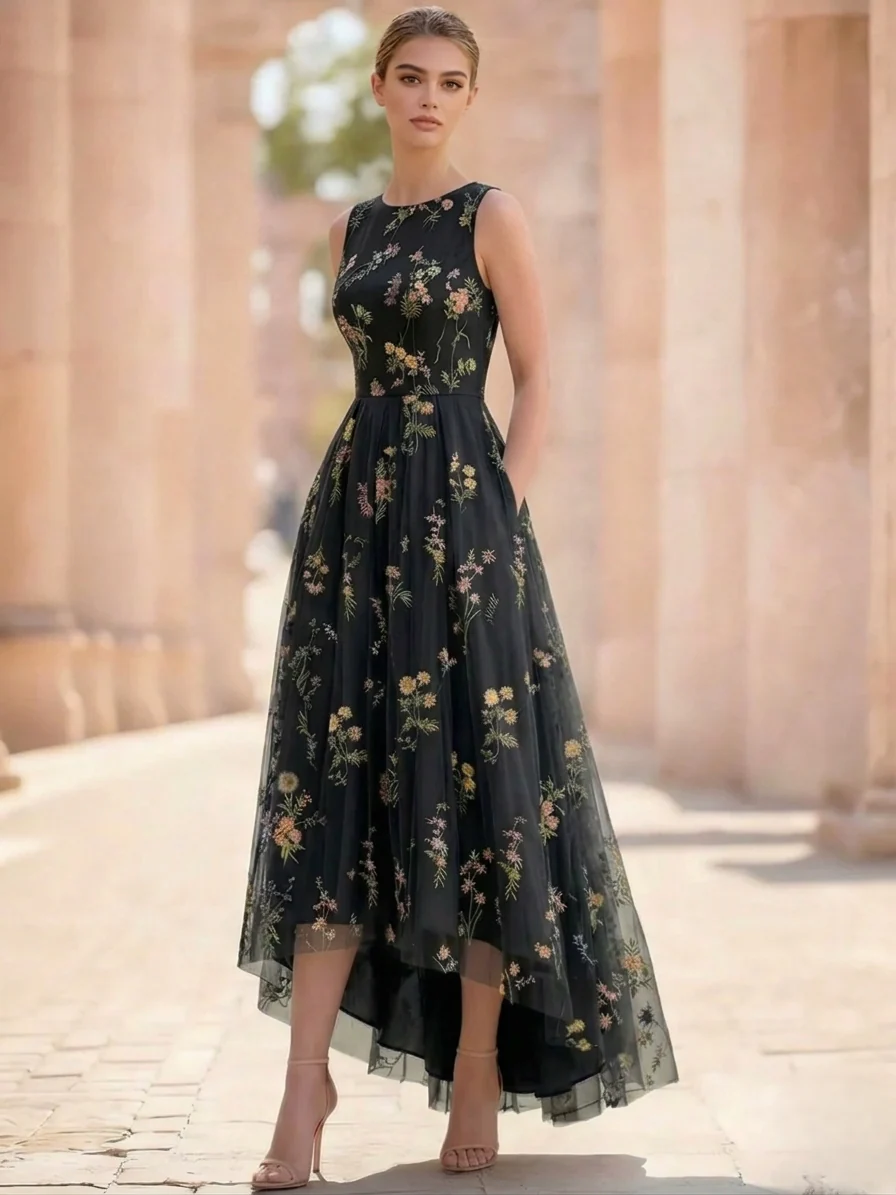 A-Line/Princess Floral Cocktail Dresses Sleeveless Tulle Formal Ankle Length Dresses Pocket with Floral Emboridary Pocket