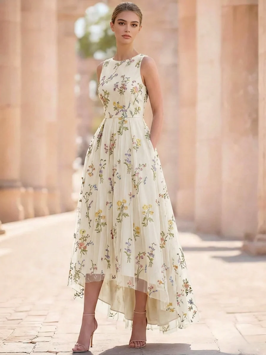A-Line/Princess Floral Cocktail Dresses Sleeveless Tulle Formal Ankle Length Dresses Pocket with Floral Emboridary Pocket