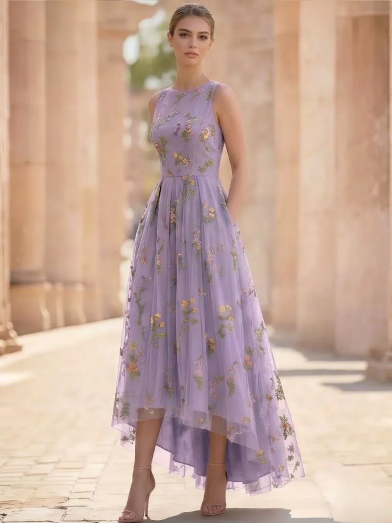 A-Line/Princess Floral Cocktail Dresses Sleeveless Tulle Formal Ankle Length Dresses Pocket with Floral Emboridary Pocket