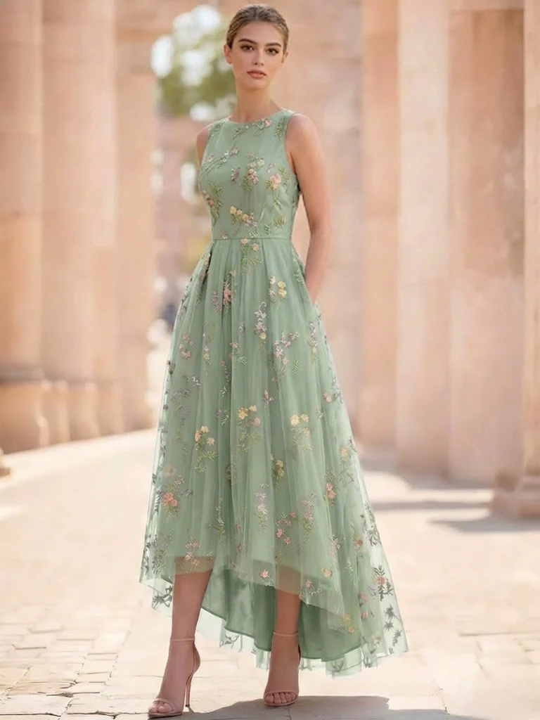 A-Line/Princess Floral Cocktail Dresses Sleeveless Tulle Formal Ankle Length Dresses Pocket with Floral Emboridary Pocket