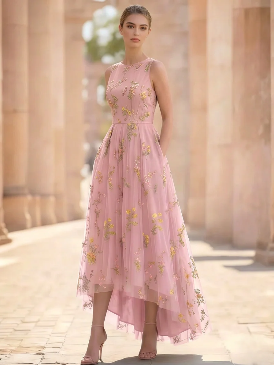 A-Line/Princess Floral Cocktail Dresses Sleeveless Tulle Formal Ankle Length Dresses Pocket with Floral Emboridary Pocket
