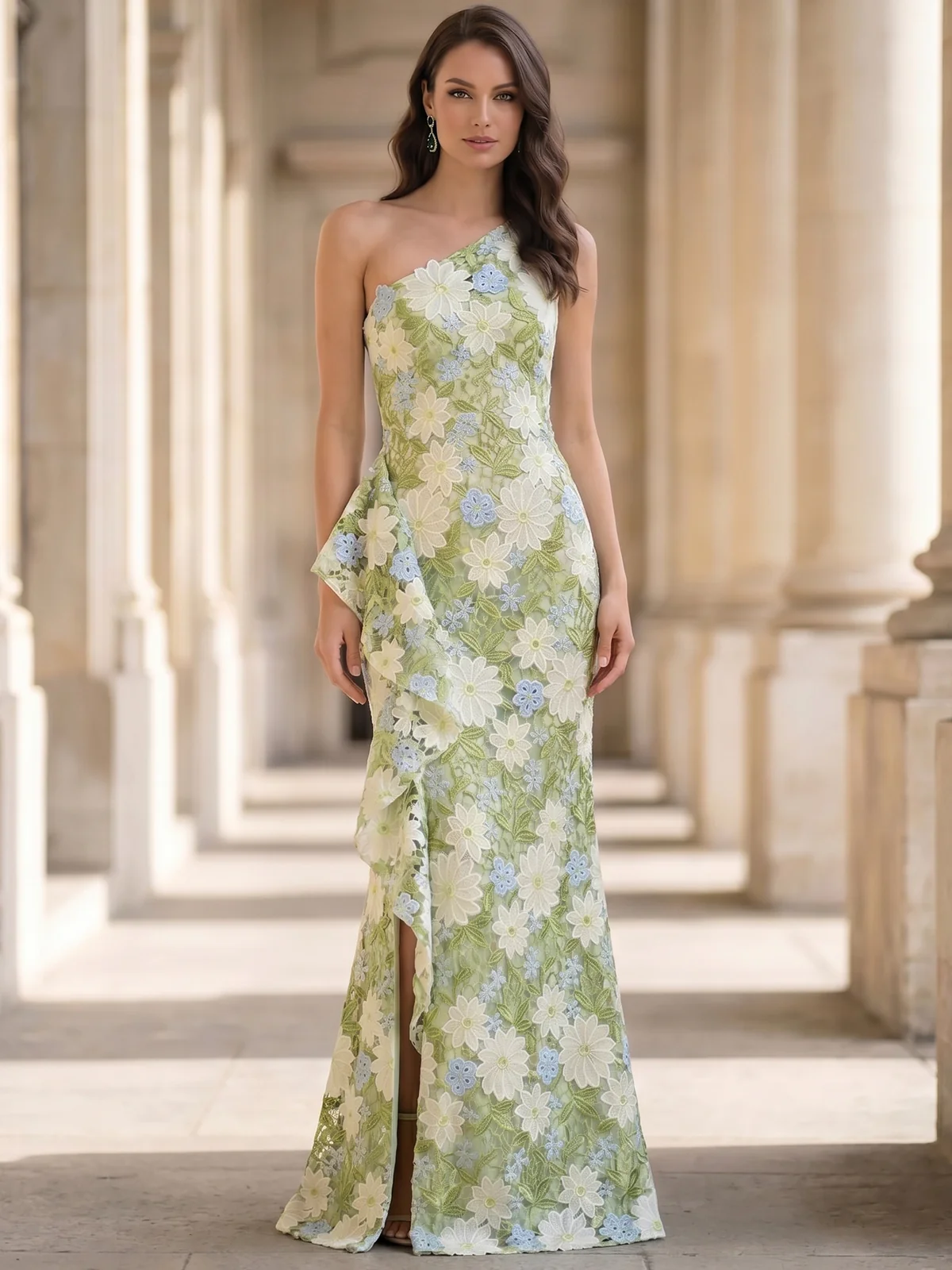 Elegant Floral Lace One-Shoulder Gown