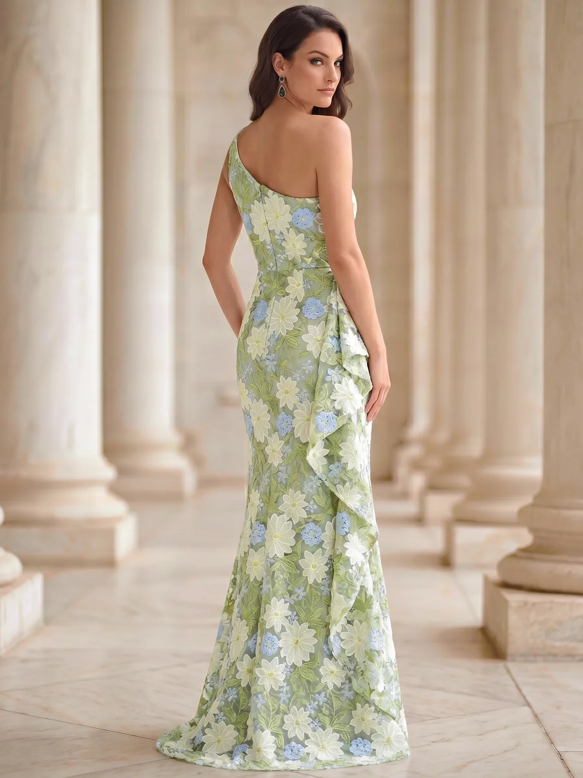 Elegant Floral Lace One-Shoulder Gown