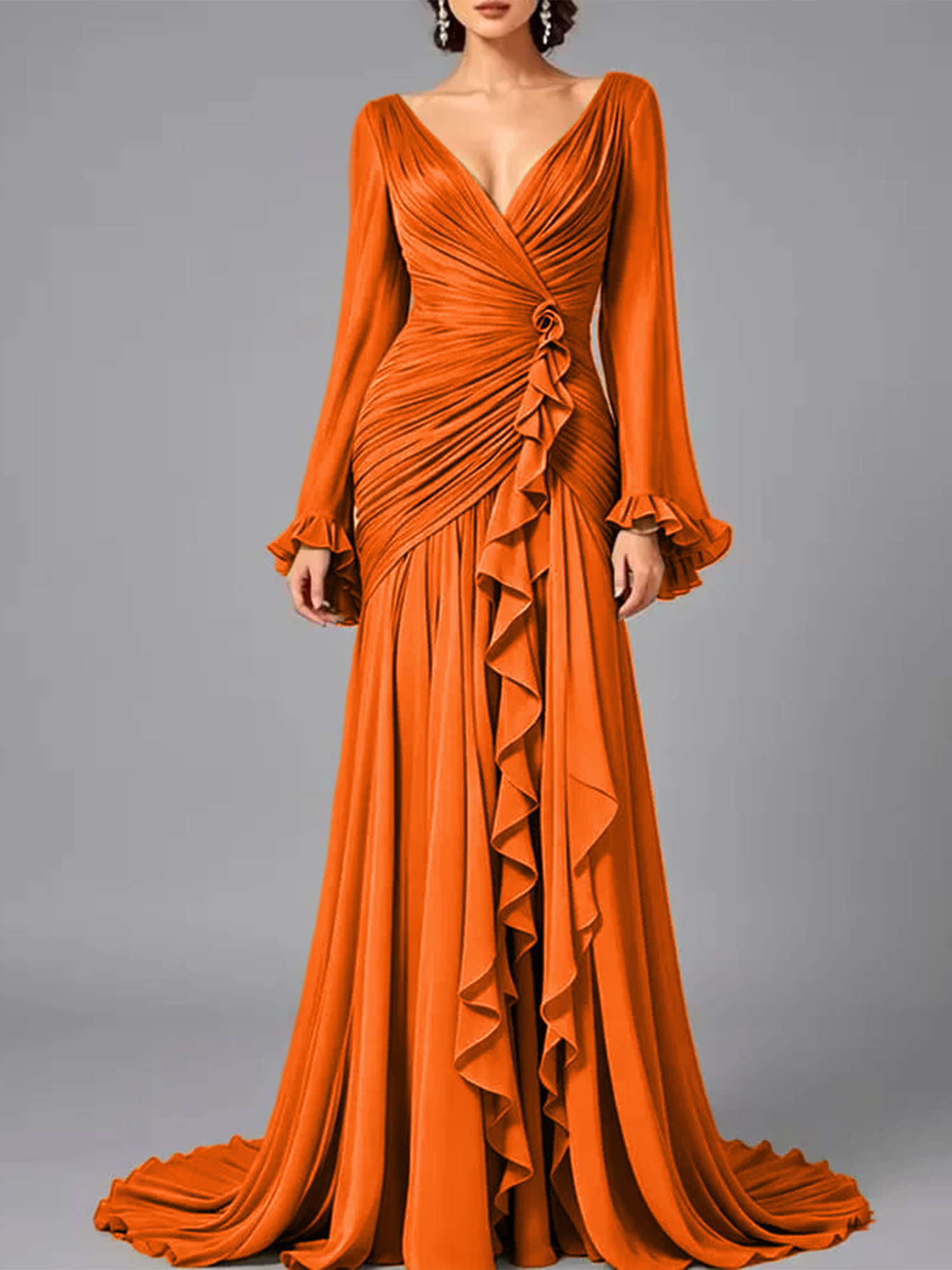 V-Neck Sheer Long Sleeve Ruffled Chiffon Dress