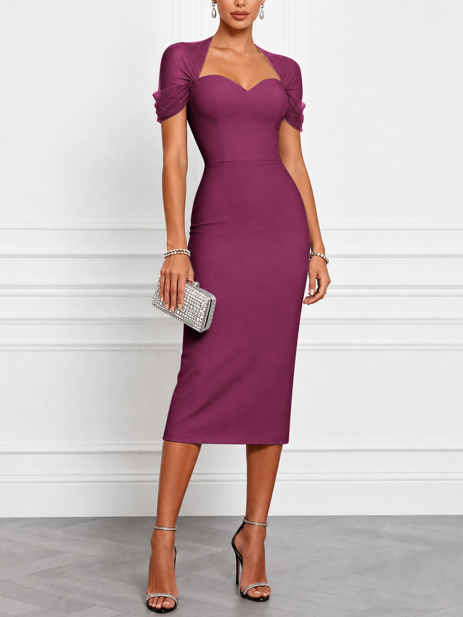 Black Sweetheart Neckline Mesh Sleeve Blended Midi Dress