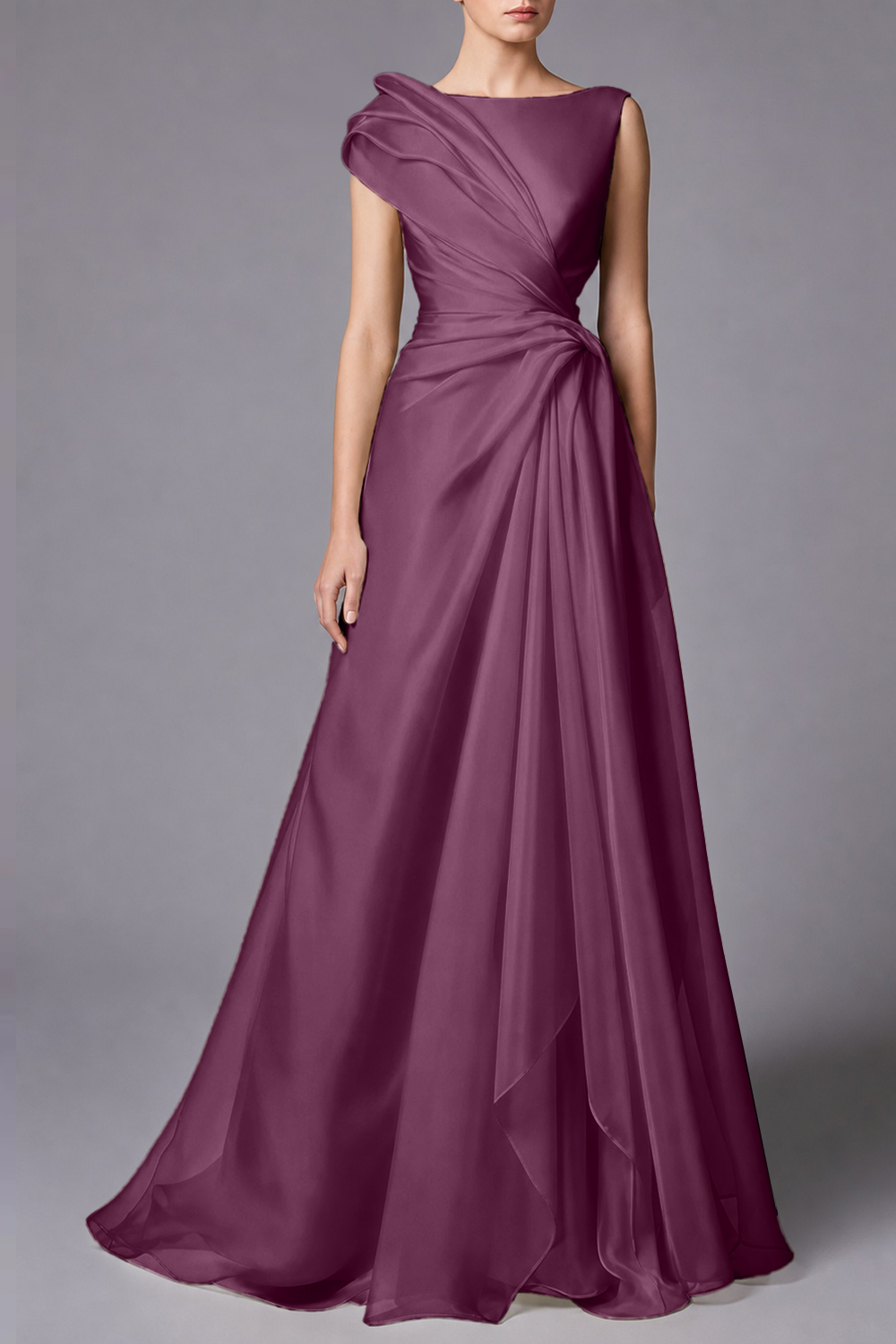 Burgundy Sleeveless Ruched Draped Maxi Dress