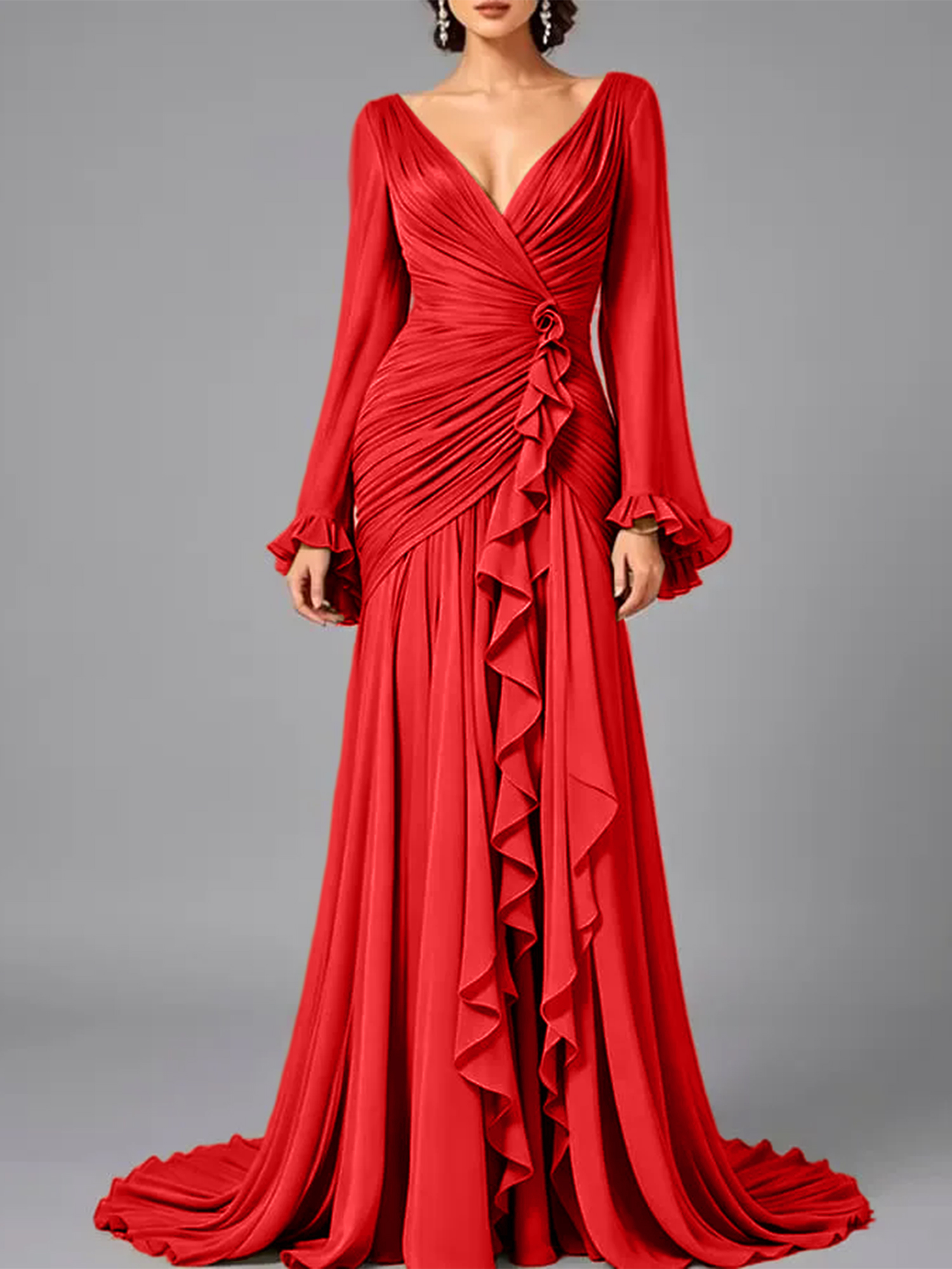 V-Neck Sheer Long Sleeve Ruffled Chiffon Dress