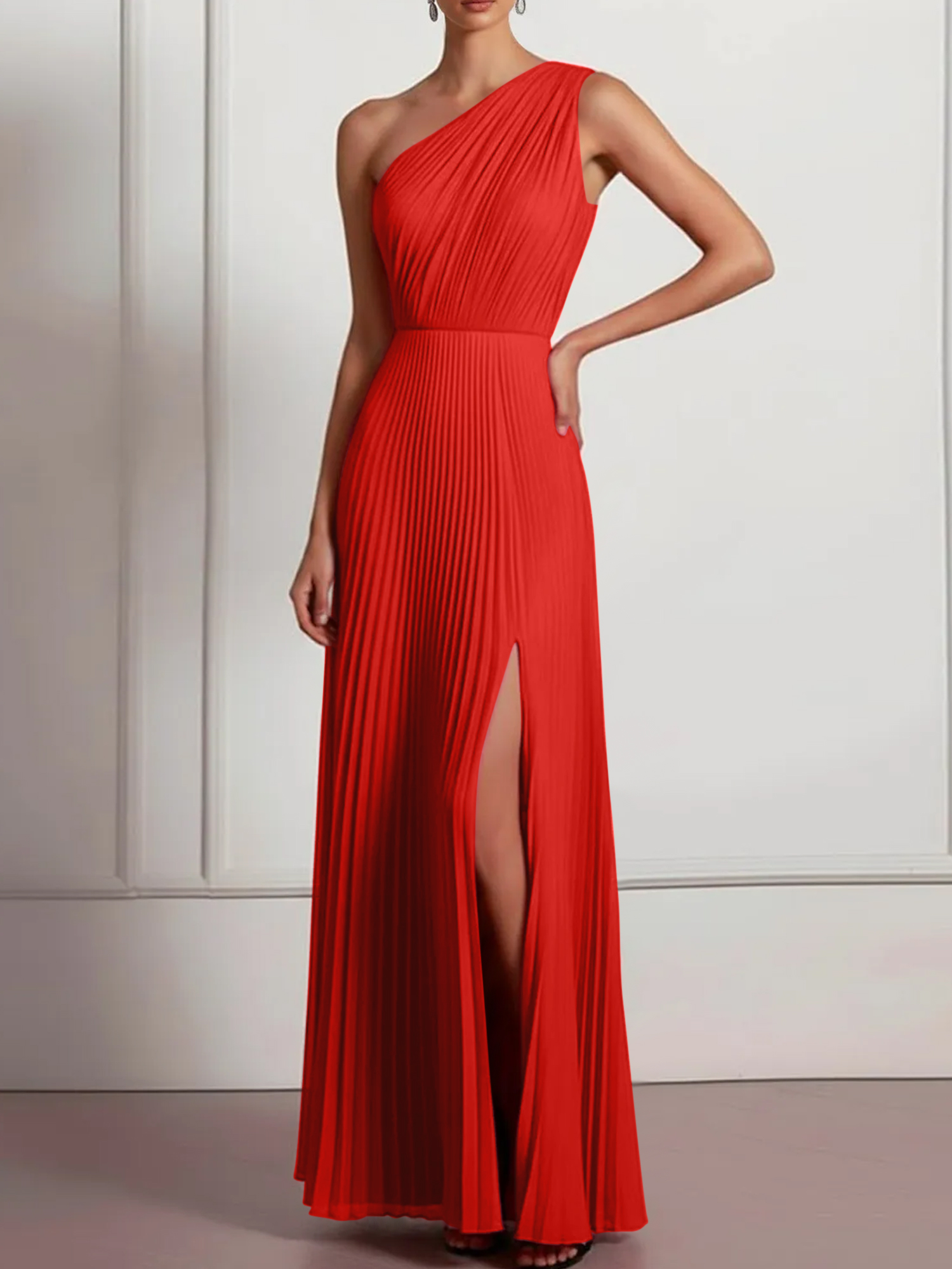Blush Formal Party Dress One Shoulder Pleated Maxi Dress with Slit