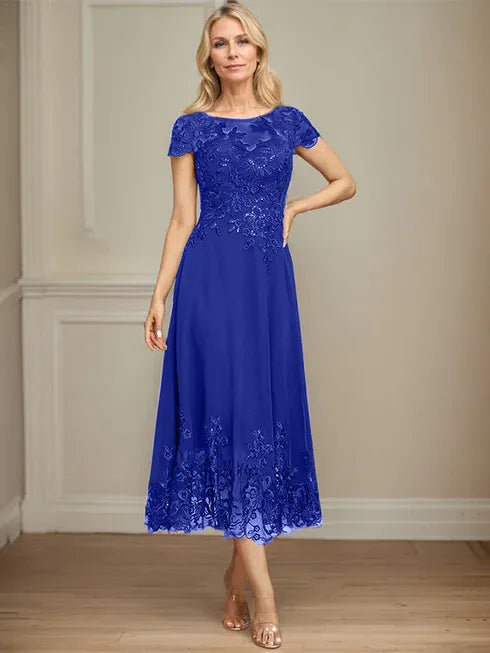 A-line Illusion Scoop Tea-Length Lace Chiffon Mother of the Bride Dress With Sequins