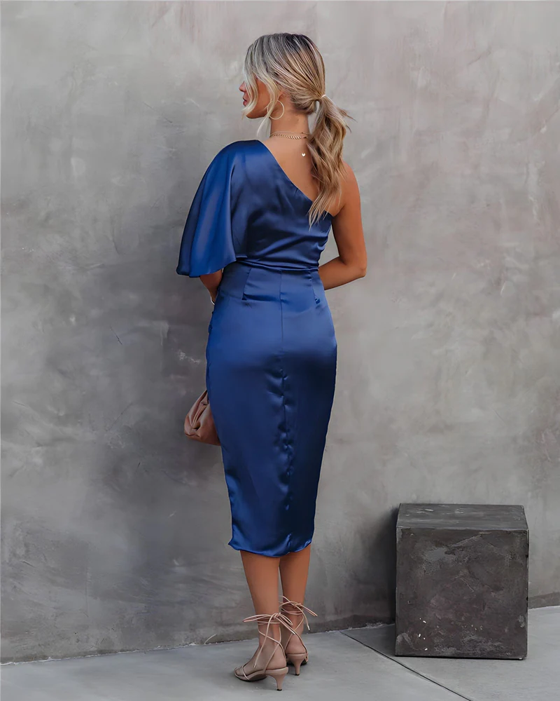 Black Satin One-Shoulder Ruched Midi Dress