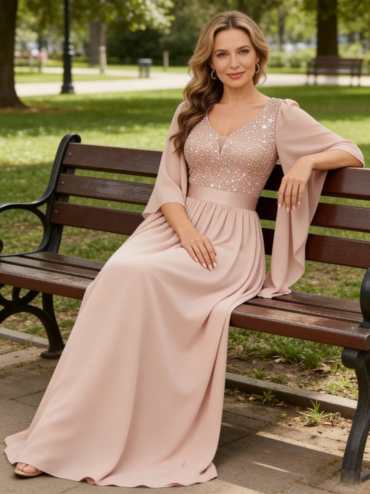 A-Line/Princess V Neck Long Sleeve Floor-Length Mother of the Bride Dresses with Sequin