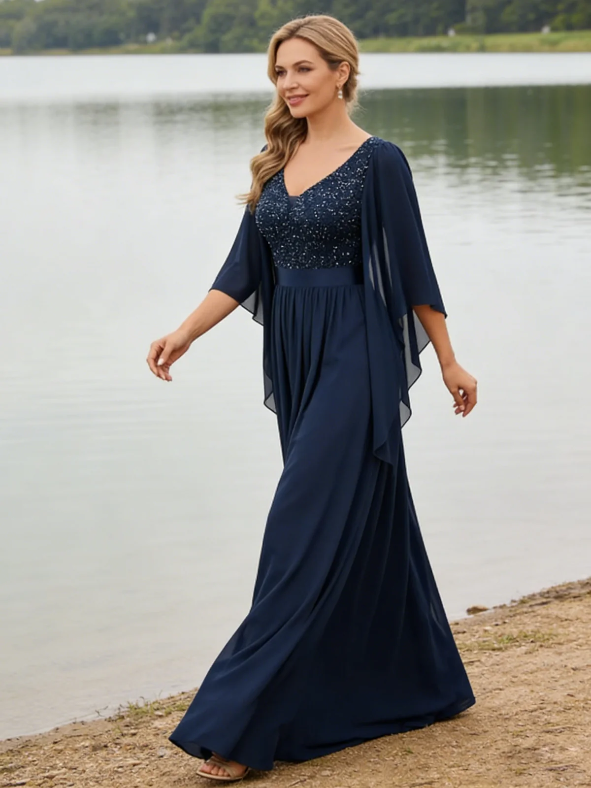 A-Line/Princess V Neck Long Sleeve Floor-Length Mother of the Bride Dresses with Sequin