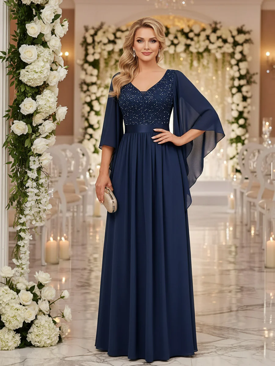 A-Line/Princess V Neck Long Sleeve Floor-Length Mother of the Bride Dresses with Sequin