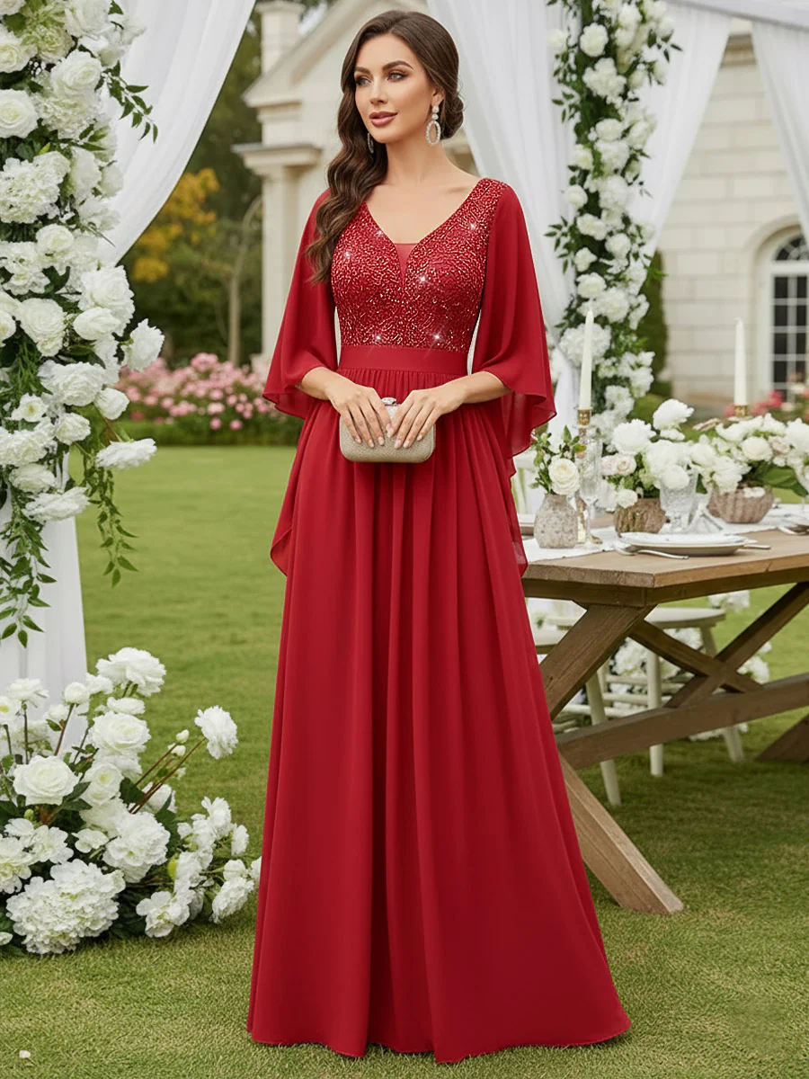 A-Line/Princess V Neck Long Sleeve Floor-Length Mother of the Bride Dresses with Sequin