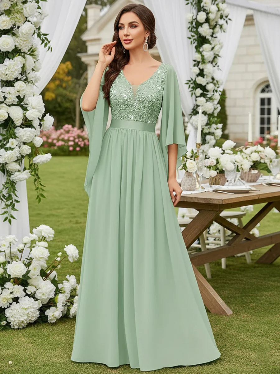 A-Line/Princess V Neck Long Sleeve Floor-Length Mother of the Bride Dresses with Sequin