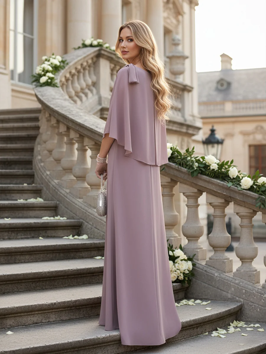 Sheath/Column Scoop Neck Floor-Length Mother of the Bride Dresses with Asymmetical Cape