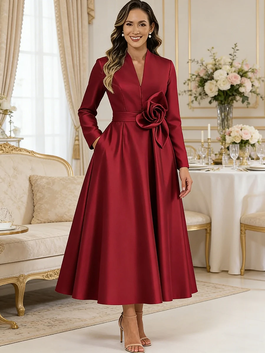 A-Line/Princess V-Neck Satin Tea-Length Mother of the Bride Dresses with Flower
