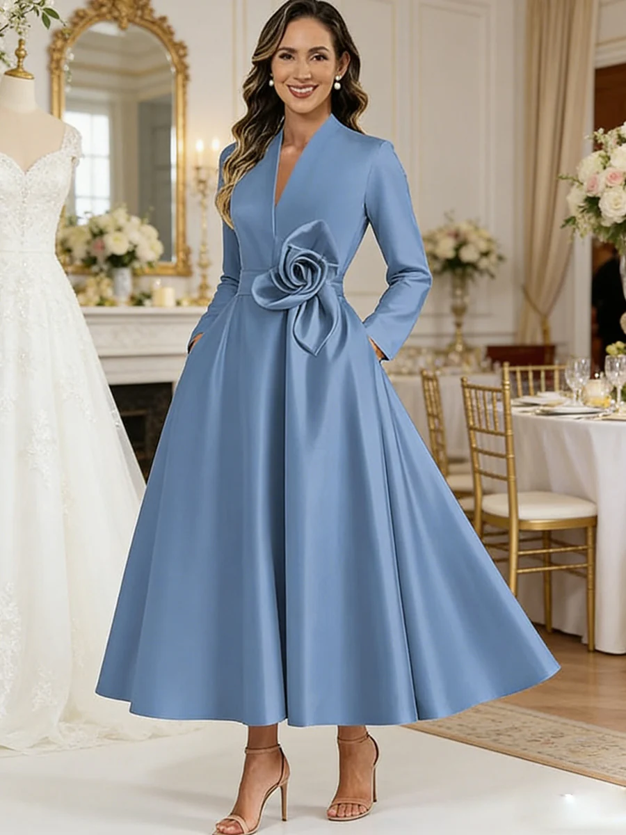 A-Line/Princess V-Neck Satin Tea-Length Mother of the Bride Dresses with Flower