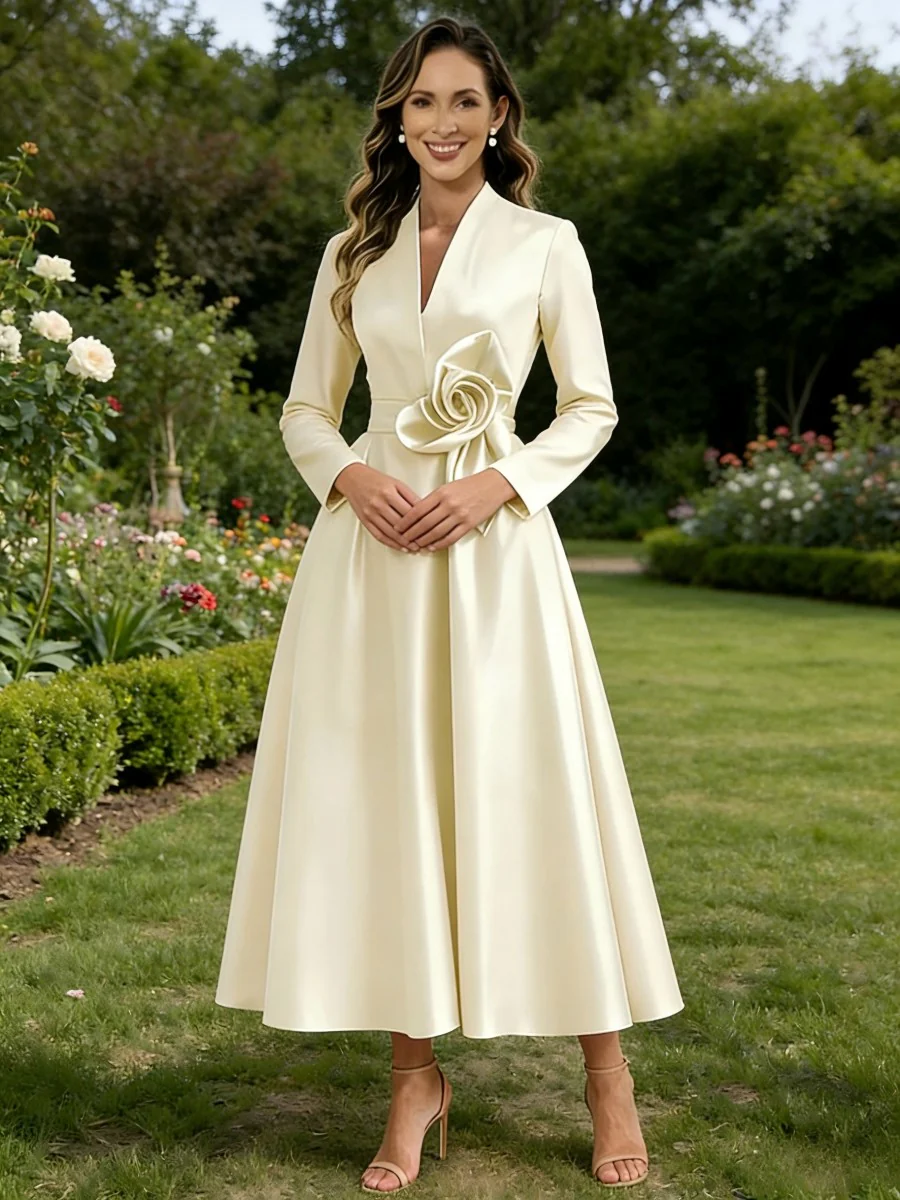 A-Line/Princess V-Neck Satin Tea-Length Mother of the Bride Dresses with Flower
