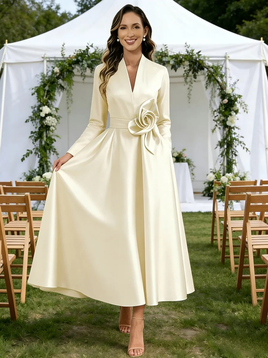 A-Line/Princess V-Neck Satin Tea-Length Mother of the Bride Dresses with Flower