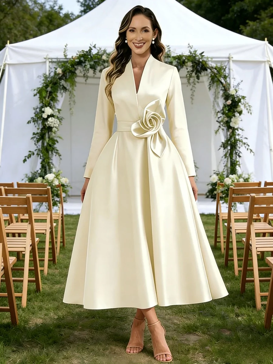 A-Line/Princess V-Neck Satin Tea-Length Mother of the Bride Dresses with Flower