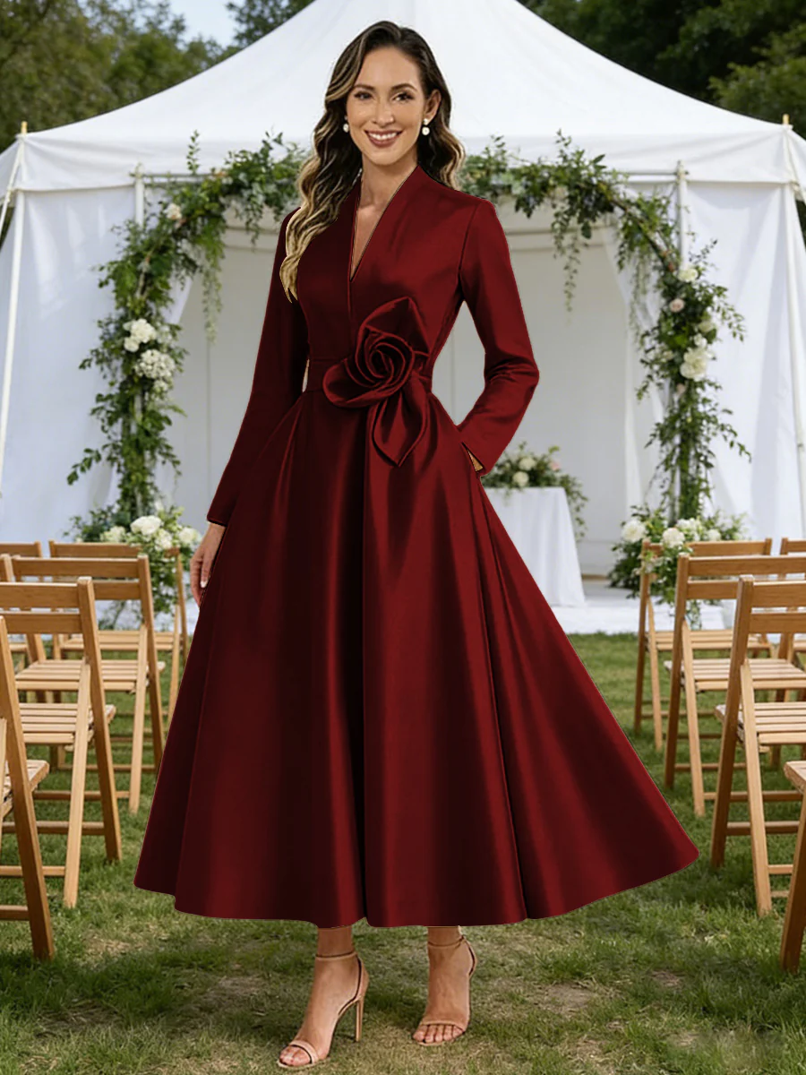 A-Line/Princess V-Neck Satin Tea-Length Mother of the Bride Dresses with Flower