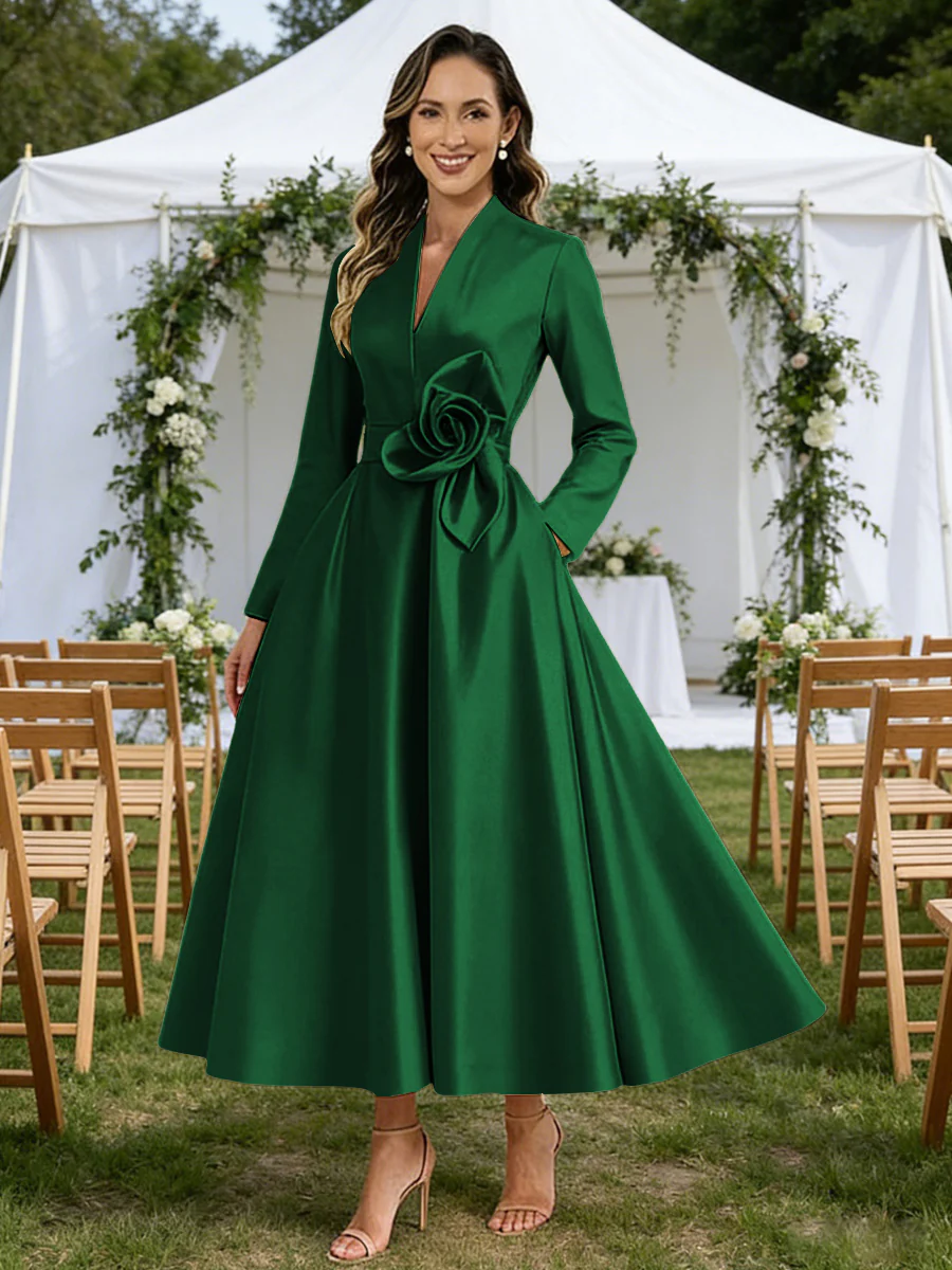 A-Line/Princess V-Neck Satin Tea-Length Mother of the Bride Dresses with Flower
