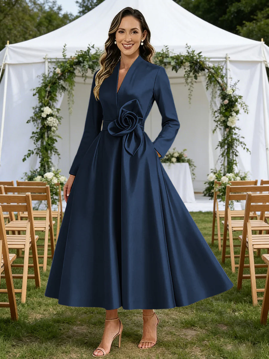 A-Line/Princess V-Neck Satin Tea-Length Mother of the Bride Dresses with Flower