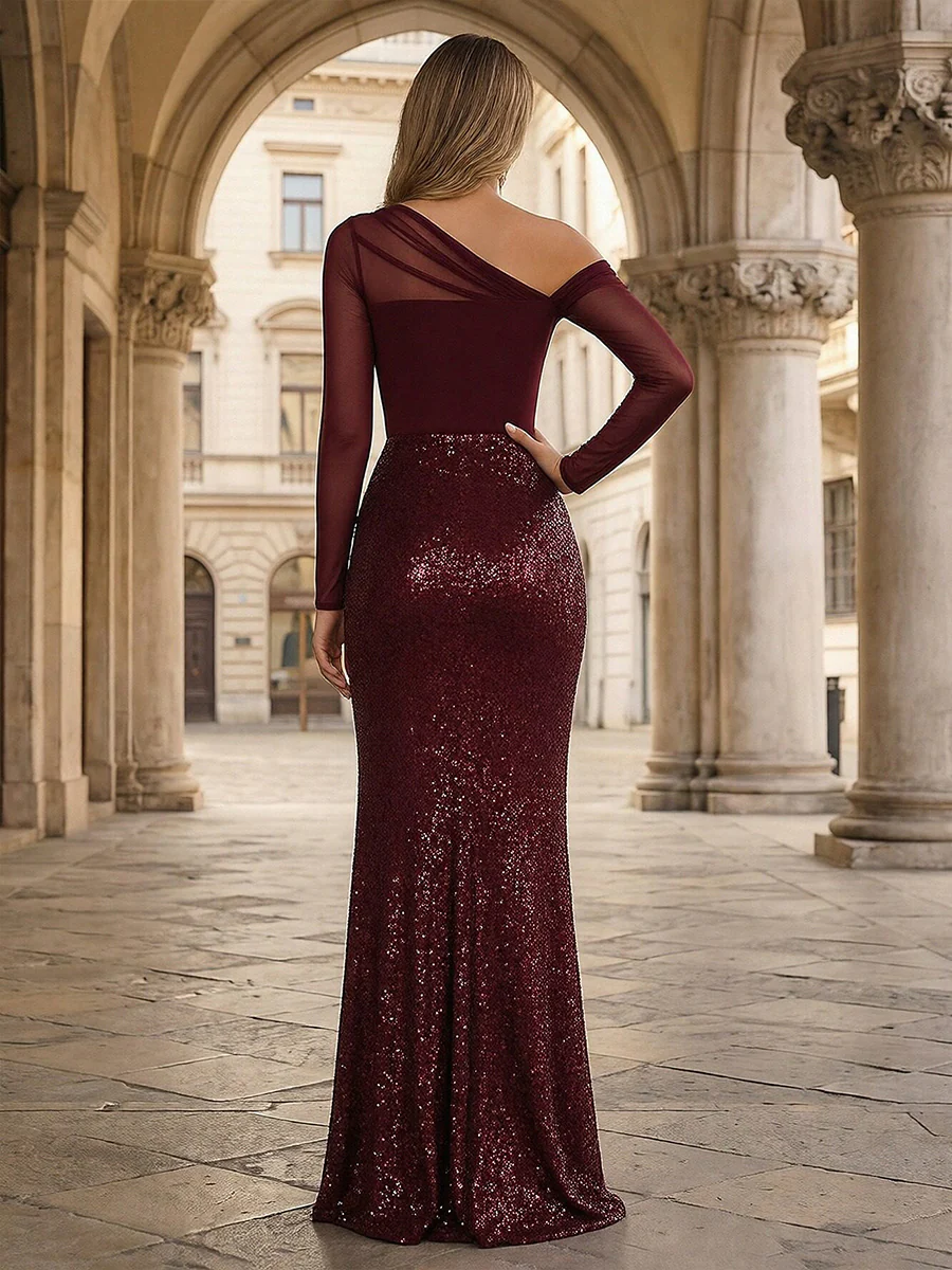 Sheath One-Shoulder Long Sleeve Floor Length Mixed Mother of the Bride Dresse
