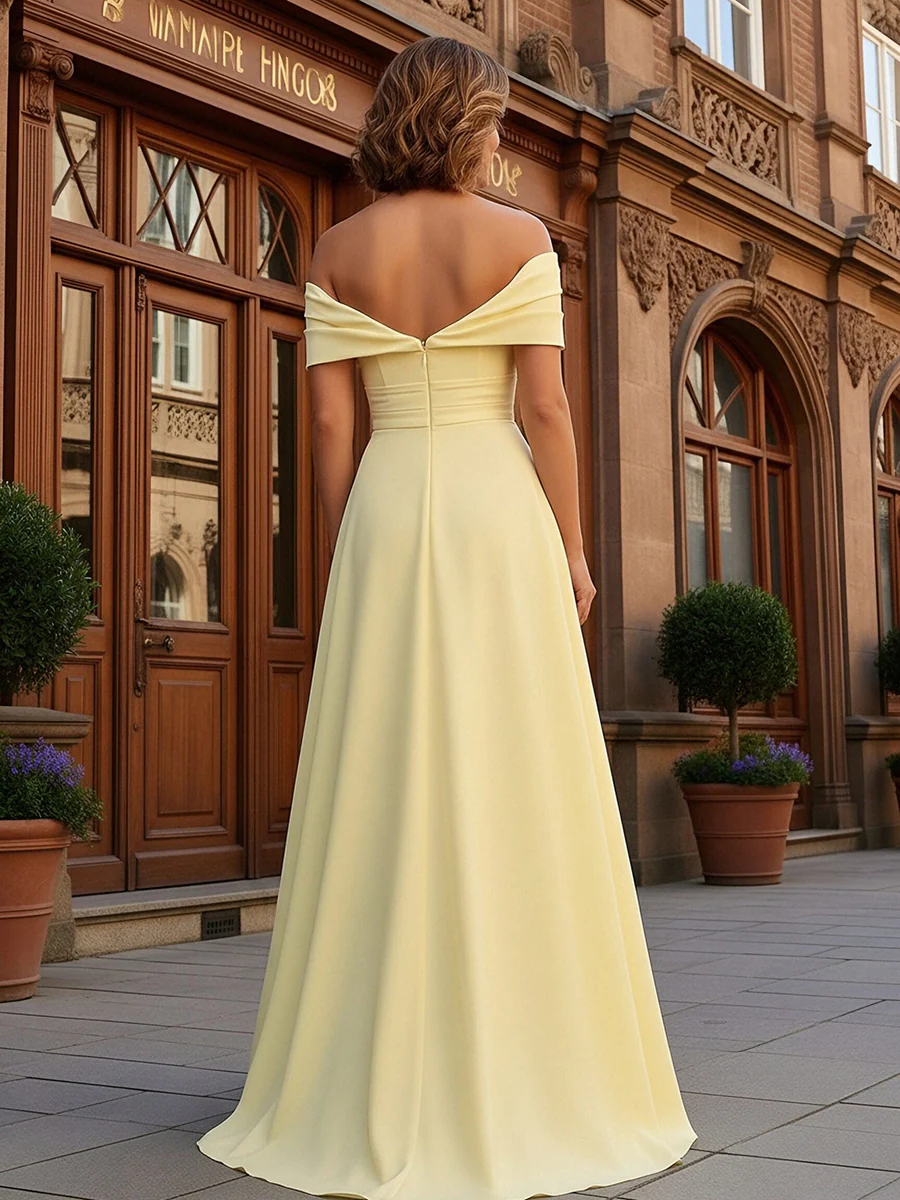 Sheath Off Shoulder Floor Length Simple Ruched Mother of the Bride Dresses
