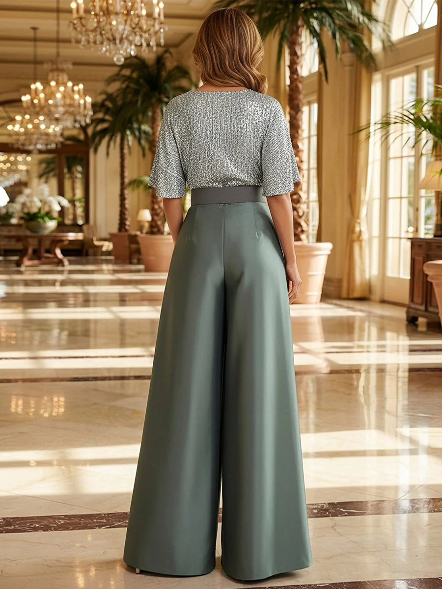 Jumpsuit V Neck Half Sleeve Long Sparkling Mother of the Bride Dresses with Belt