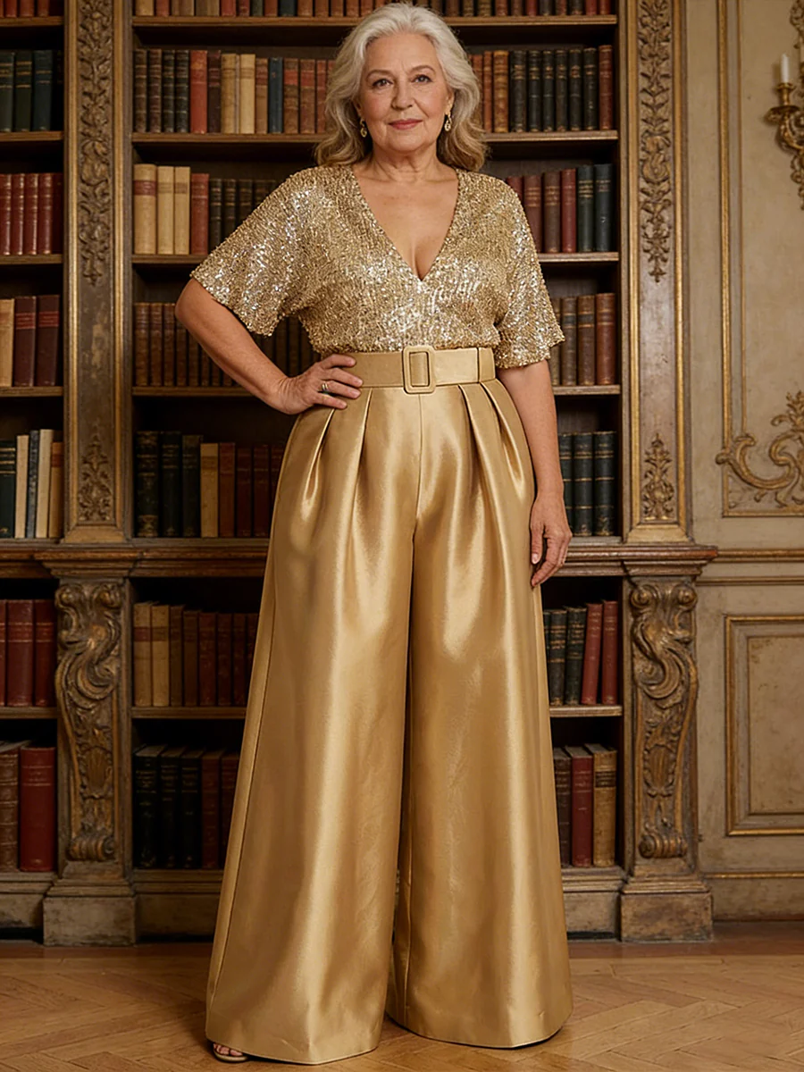 Jumpsuit V Neck Half Sleeve Long Sparkling Mother of the Bride Dresses with Belt