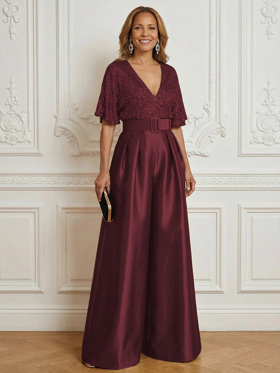 Jumpsuit V Neck Half Sleeve Long Sparkling Mother of the Bride Dresses with Belt