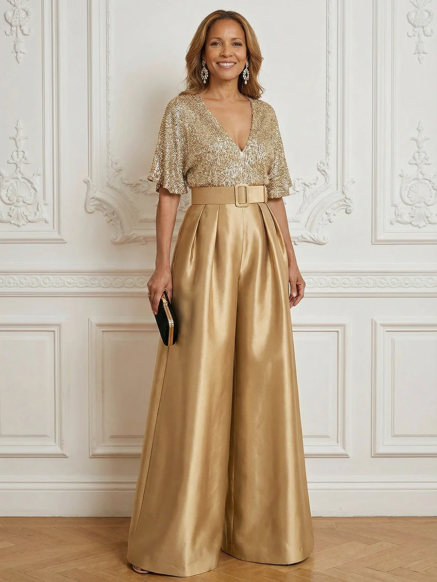 Jumpsuit V Neck Half Sleeve Long Sparkling Mother of the Bride Dresses with Belt