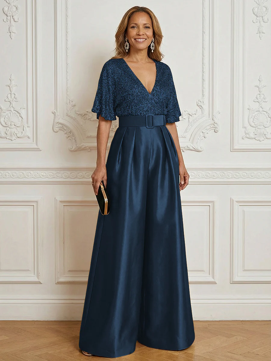 Jumpsuit V Neck Half Sleeve Long Sparkling Mother of the Bride Dresses with Belt
