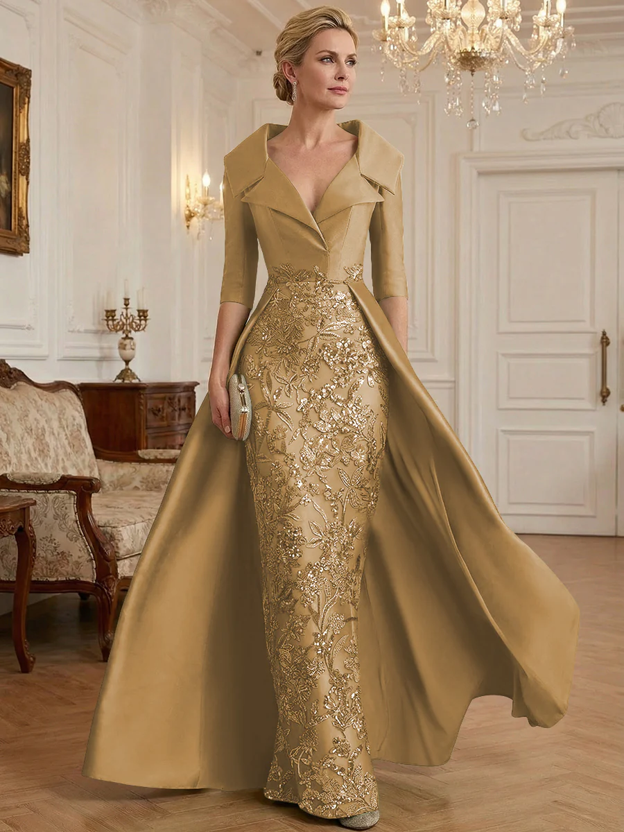 Sheath V Neck 3/4 Sleeve Sequined Mother of the Bride Dresses with Appliques