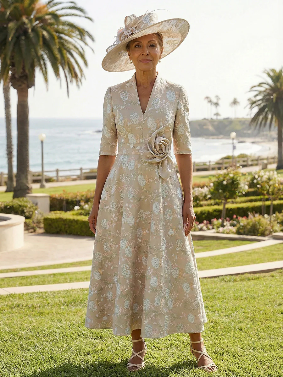 A-Line Jacquard Half Sleeve V-Neck Tea-Length Mother of the Bride Dresses with Flower