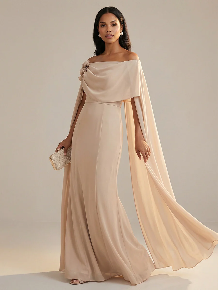 A-Line Chiffon Off-Shoulder Drape Floor-Length Mother of the Bride Dresses with Applique