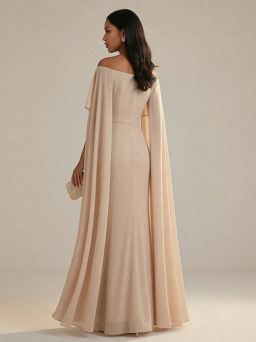 A-Line Chiffon Off-Shoulder Drape Floor-Length Mother of the Bride Dresses with Applique