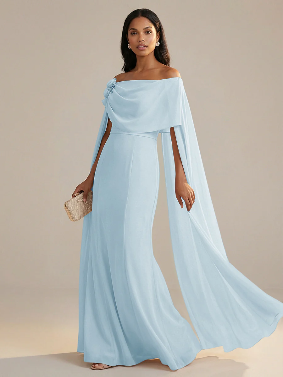 A-Line Chiffon Off-Shoulder Drape Floor-Length Mother of the Bride Dresses with Applique
