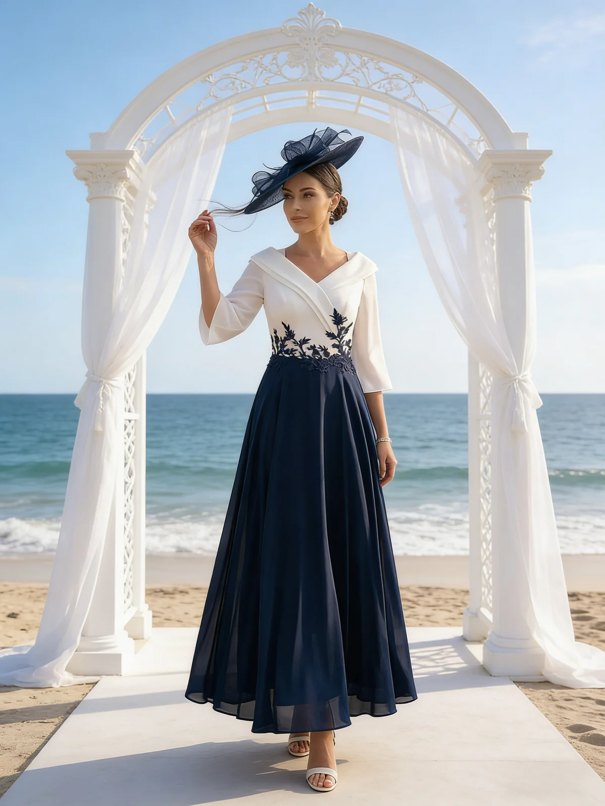 A-Line V-Neck Ankle-Length Mother of the Bride Dresses with Lace Appliques