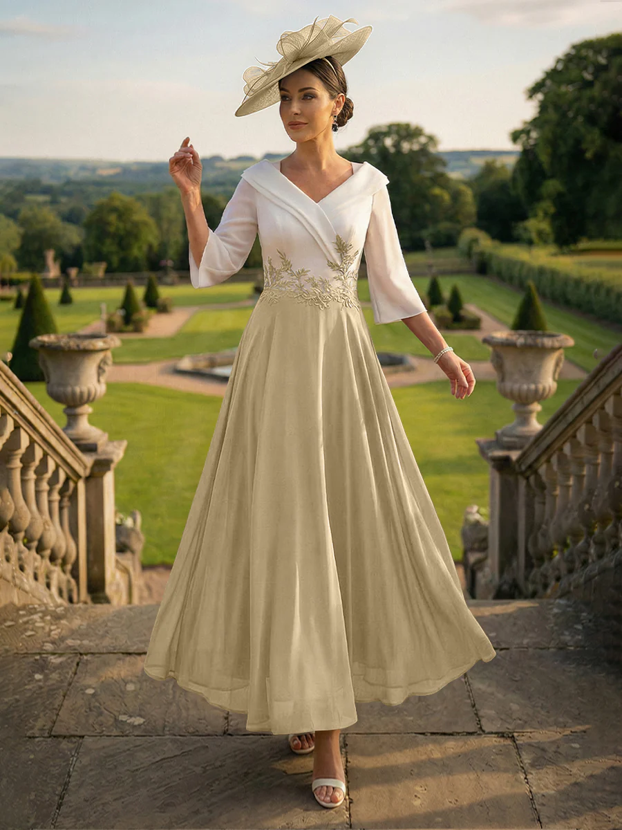 A-Line V-Neck Ankle-Length Mother of the Bride Dresses with Lace Appliques
