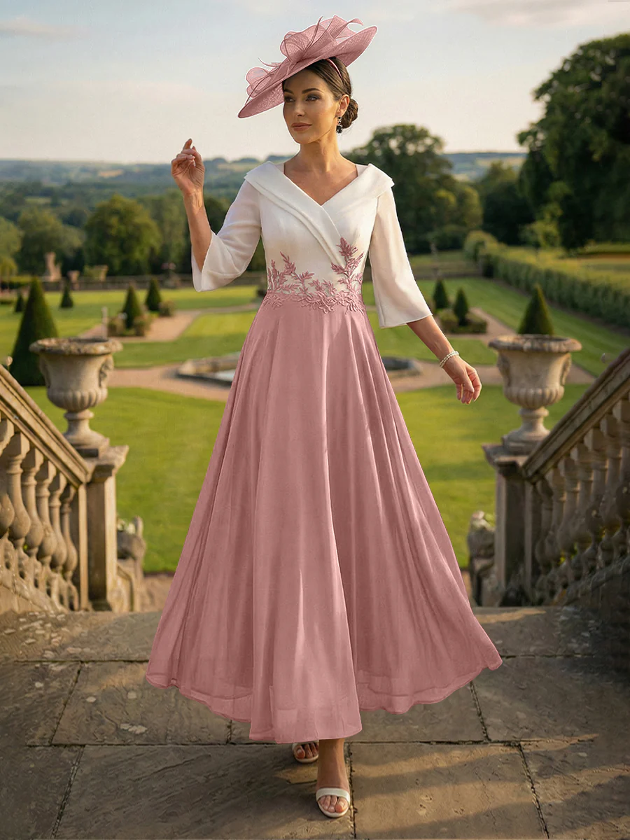 A-Line V-Neck Ankle-Length Mother of the Bride Dresses with Lace Appliques