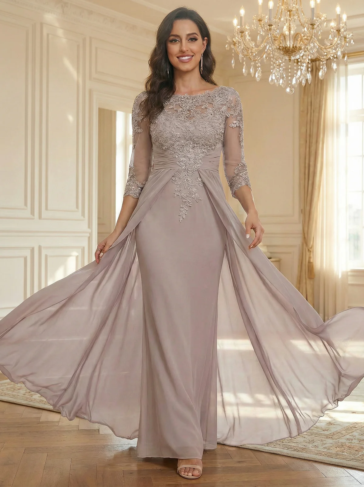 Sheath Scoop Neck 3/4 Sleeve Floor-Length Mother of the Bride Dresses with Lace Appliques